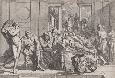 Platons symposium: Sokrates og hans ledsagere sad omkring et bord og diskuterede ideel kærlighed..., 1648. af Pietro Testa