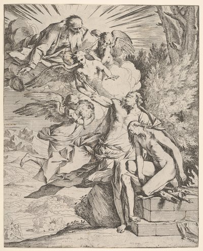Isaks offer: en engel presser sig mod den dolkbærende arm af Abraham, som ..., ca.1645-50. af Pietro Testa