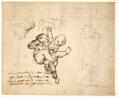 Studie til to spillende putti, blade og en draperet figur med en urne af Pietro Testa