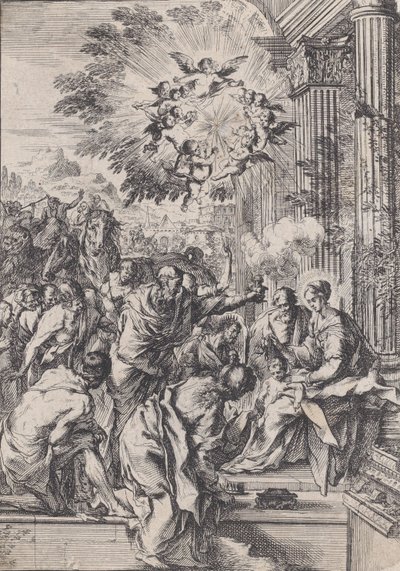 Magiernes tilbedelse, sat foran og arkitektonisk søjlegang, ca. 1640. af Pietro Testa