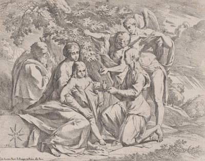 Den hellige familie fodret af engle, ca. 1642-44. af Pietro Testa