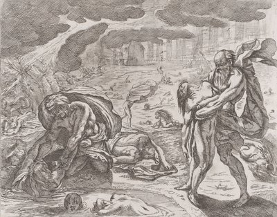 Syndfloden, figurer, der trækkes op af vandet, ca. 1640-42. af Pietro Testa