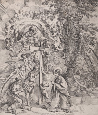 Drømmen om Sankt Josef, der sover til højre, Jomfruen og Barnet ved en kro..., ca. 1635-37. af Pietro Testa