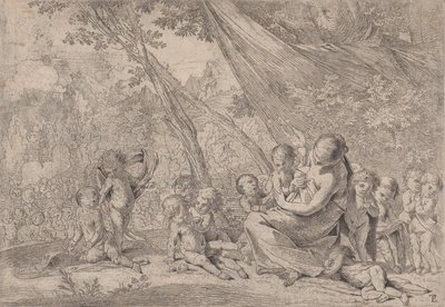 Næstekærlighedens have, kvinde, der repræsenterer Charity til højre omgivet af børn, ..., ca. 1631-37. af Pietro Testa