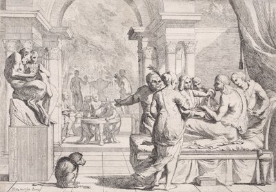 Den fortabte søn sidder på en sofa og får serveret vin, festglade i baggrunden, en ..., ca. 1645. af Pietro Testa
