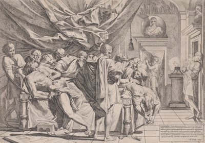 Filosoffen Catos selvmord, der ligger på sin seng og trækker indvoldene ud, så i..., 1648. af Pietro Testa
