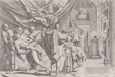 Filosoffen Catos selvmord, der ligger på sin seng og trækker indvoldene ud, så i..., 1648. af Pietro Testa