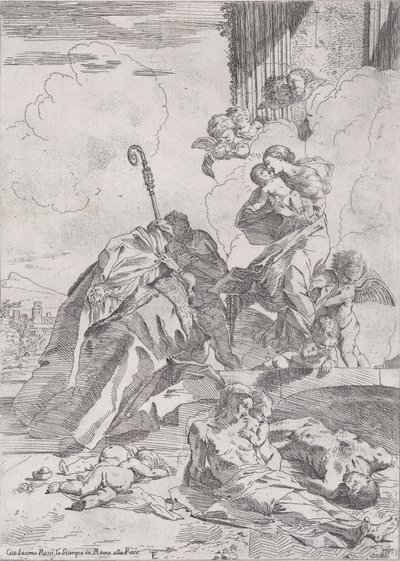 Tre lucchese helgener Sts Nicholas Tolentino, Nicholas af Bari går i forbøn med..., ca. 1630-31. af Pietro Testa