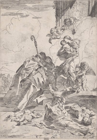 Tre Lucchese-helgener, der går i forbøn hos Jomfruen for pestens ofre...., ca. 1630-31. af Pietro Testa
