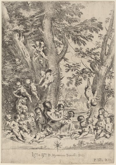 Ung kvinde, omgivet af amoriner (The Garden of Charity, lodret version) af Pietro Testa