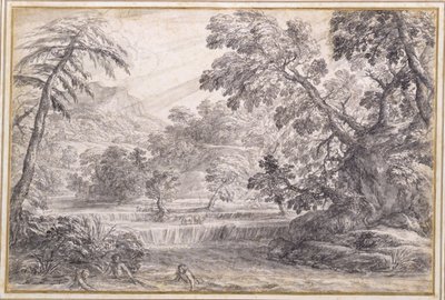 A Wooded River Landscape, ca. 1650 (sort kridt, pensel og gråt blæk med grå vask på papir) af Pietro da Cortona