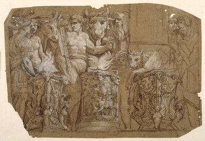 Antik ofring og ægteskabet mellem Perseus og Andromeda, efter Polidoro da Caravaggio (ca. 1499-1543) (pen og brunt blæk med brun vask forhøjet med hvid kropsfarve over præliminære i sort kridt på papir vasket brunt) af Pietro da Cortona
