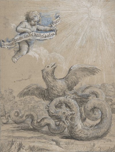 Design med en ørn, der kæmper med en slange og en putto i himlen Holding..., 1600-tallet. af Pietro da Cortona