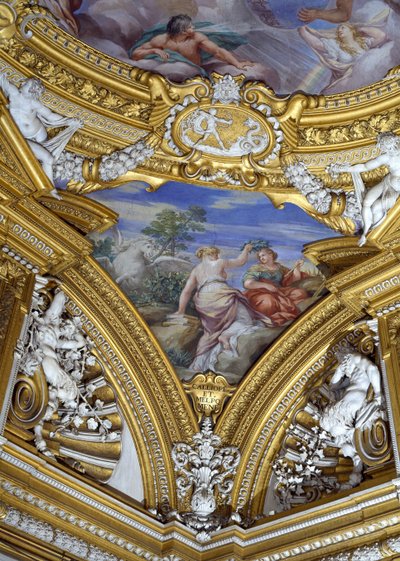 Sala di Apollo Hall of Apollo detalje af pendentiv, der forestiller muserne Calliope og Melpomene, ca. 1647 fresco af Pietro da Cortona