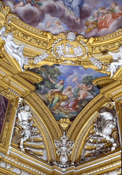 Sala di Apollo Hall of Apollo detalje af pendentiv, der skildrer muserne Polyhymnia og Erato, fresko omkring 1647 af Pietro da Cortona