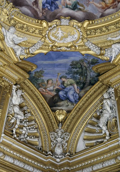 Sala di Apollo Hall of Apollo detalje af pendant, der afbilder muserne Thalia og Clio, fresco ca. 1647 af Pietro da Cortona