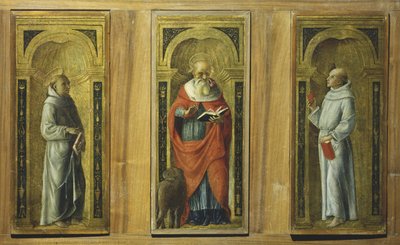 Tre paneler - Sankt Frans, Sankt Hieronymus og Sankt Antonius af Padua, ca. 1480 (tempera på panel) af Pietro di Francesco degli (circle of) Orioli