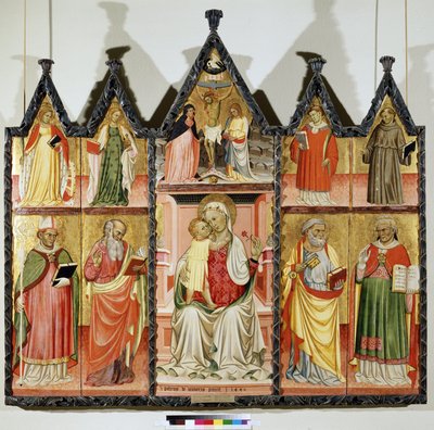 Polyptykon af Jomfru og Barn med Hellige. Øverst til venstre: Sankt Katarina af Alexandria og Sankt Maria Magdalena. I midten omkring Kristus på korset med inskriptionen ""INRI"" (I.N.R.I.). Jomfru Maria og Sankt Johannes. Øverst til højre: S af Pietro di Giovanni Lianori