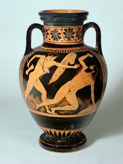 Rød-figur hals-amfora forestillende Theseus About to Kill Procrustes, 480-470 f.Kr. (ler) af Pig Painter