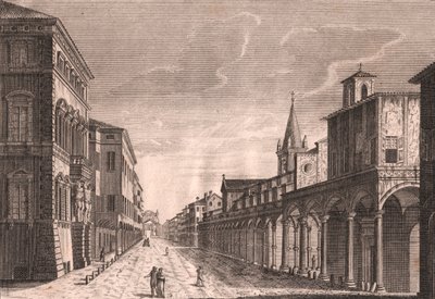 Udsigt over Strada Maggiore i Bologna, Emilia-Romagna, Italien, kobberstik af C Lambertini efter tegning af Pio Panfili (1723-1812), ca 13,5x19 cm af Pio Panfili