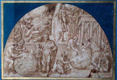 Astronomi allegori. Forskere tager målinger på jordkloder. Tegning med brunt blæk af Pirro Ligorio (ca. 1500-1583) 1500-tallets Paris, Louvre-museet af Pirro Ligorio