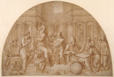 Design til en lunette med figurer af matematikere og deres elever (pen og brunt blæk med brun vask på papir) af Pirro Ligorio