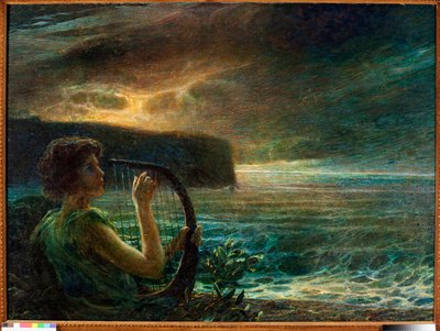 Fuldmåne, hyldest til en feminin guddom, der spiller lyre i et havlandskab med stormfuld himmel (olie på lærred af Plinio Nomellini