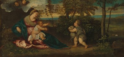 Madonna og barn og spædbarnet Saint John i et landskab af Polidoro Lanzani
