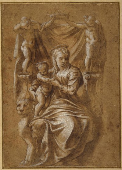 The Madonna and Child troner (pen & brunt blæk med kropsfarve på papir) af Polidoro da (follower of) Caravaggio