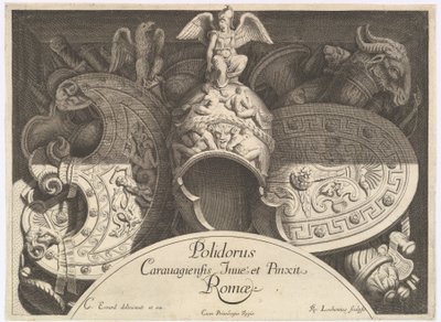 Divers Trophées våbentrofæer efter facaden på Palazzo Milesi i Rom, 1651 af Polidoro da Caravaggio