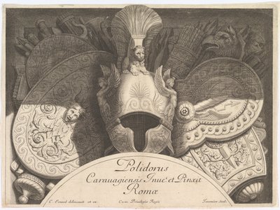 Divers Trophées Weapon Trophies after the Façade of Palazzo Milesi in Rome, 1651. Creators: Polidoro da Caravaggio, Rene Lochon.dani af Polidoro da Caravaggio