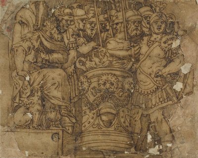Mucius Scaevola stikker sin hånd i flammen foran Porsenna af Polidoro da Caravaggio