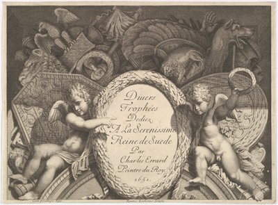 Titelside på Divers Trophées Weapon Trophys efter facaden af Palazzo Milesi i Rom, 1651 af Polidoro da Caravaggio