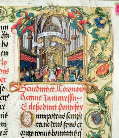 Kroning af dronningen af Polen fra den pavelige biskop Erasmus Ciolek, ca. 1510 (tempera & guld på pergament) af Polish School