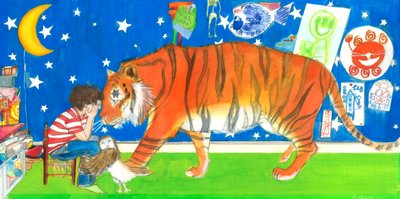 Albert Tiger and Owl, 2019 (akvarel og gouache på papir) af Polly Horner