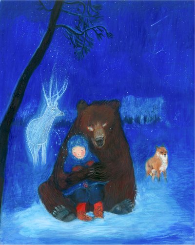 Brun bjørn og barn, 2021 (akvarel og gouache på papir) af Polly Horner