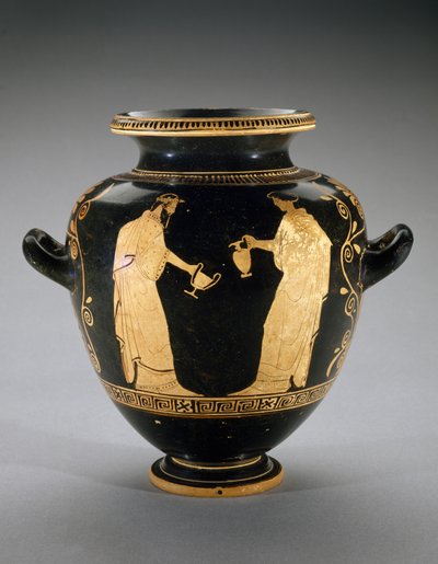 Rødfigur Stamnos med scene af Dionysos med tjenestepige, 440-420 f.Kr. (terracotta) af Polygnotos Polygnotos