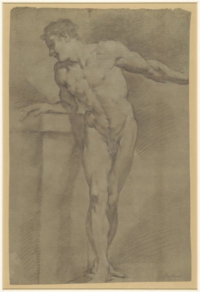 Studie af en stående mandlig model lænet op ad en brystning af Pompeo Batoni