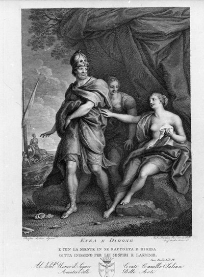 Eneide de Virgil (70 f.Kr.-19 f.Kr.), Bog IV, de trojanske helte Enee forlader Didon, der desperat selvmord. Gravering efter et maleri af Pompeo Batoni (1708-1787) af Pompeo Girolamo (after) Batoni
