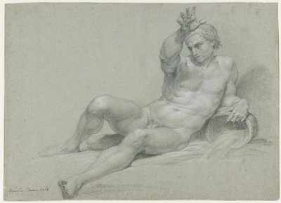 Nøgenstudie af en liggende mandlig model med højre arm løftet, i positur som en antik flodgud, set skråt fra venstre af Pompeo Girolamo Batoni