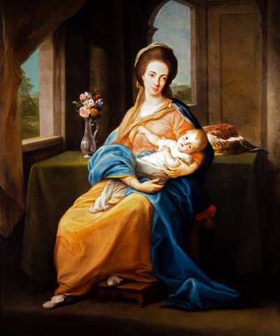Par af portrætter, dame med barn (på lærred) af Pompeo Girolamo Batoni