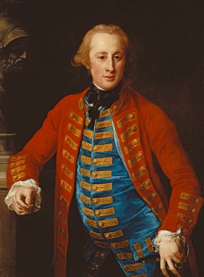 Portræt af en kavaleriofficer i gående kjole, trekvart længde, lænet op på en piedestal ved en buste af Mars, 1774 af Pompeo Girolamo Batoni