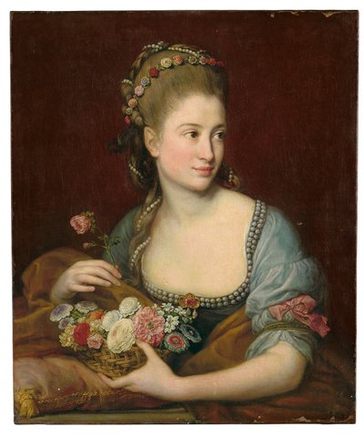 Portræt af en dame som Flora, halvlang, med en flettet kurv med blomster af Pompeo Girolamo Batoni