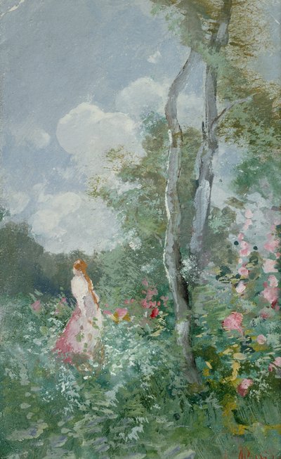 A Girl Walking in a Wooded Glade (kropsfarve på papir) af Pompeo Mariani