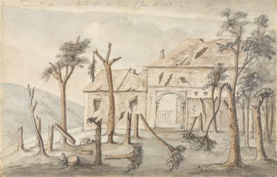Hougoumont tegnet en måned efter handlingen den 18. juni 1815, juli 1815 (blyant og wc på papir) af Ponsonby