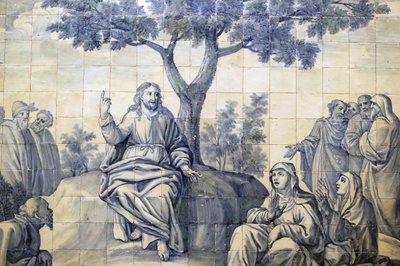 Barmhjertighedens Kirke. Azulejos. Bjergprædikenen. Jesus. Evora. Portugal. af Portuguese School