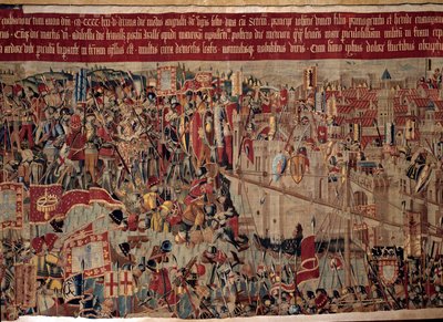 Erobring af Afrika: "" Indfangningen af Asilah (Arzila) i Marokko i 1471 af den portugisiske flåde""" Fragment af et gobelin fra det 16. århundredes portugisiske skole. Lissabon, Nationalmuseet for antik kunst af Portuguese School
