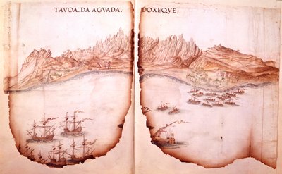 Bomuld Tiberius D. IX, ff.11v-12 Udsigt over Aguada, illustration fra 