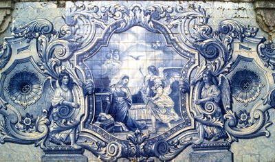 Dekorativt panel, der forestiller bebudelsen, Lamego, Portugal. 1738 (keramiske fliser) af Portuguese School