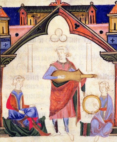 Fol.12v Musikere, der spiller guitar og tamburin, fra Chansonnier des Nobles af Portuguese School